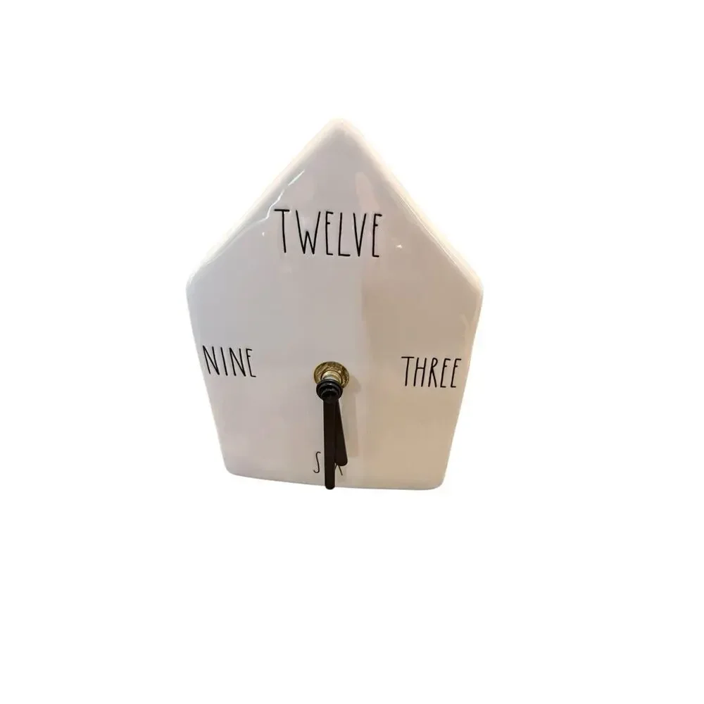 Rae Dunn House Shaped Clock White Ceramic Black Letters Magenta Works